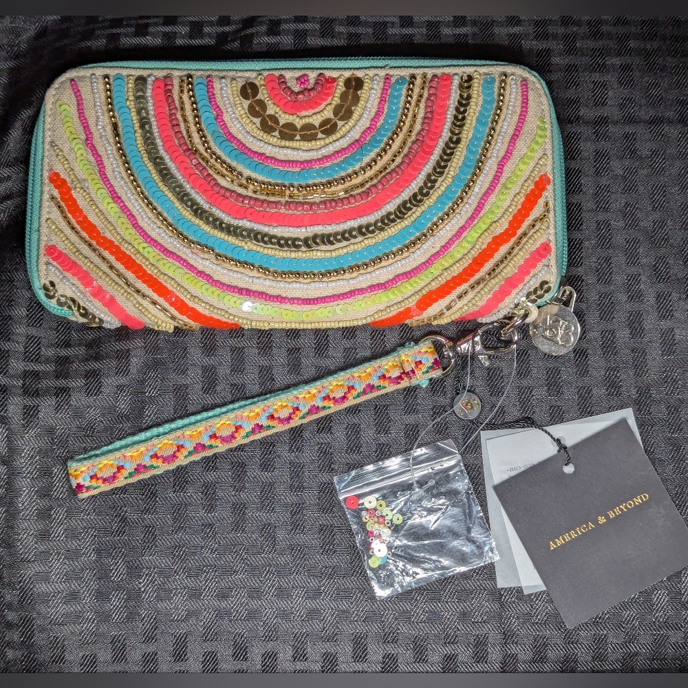 American & Beyond Embellished Multicolor Zip Wallet Wristlet